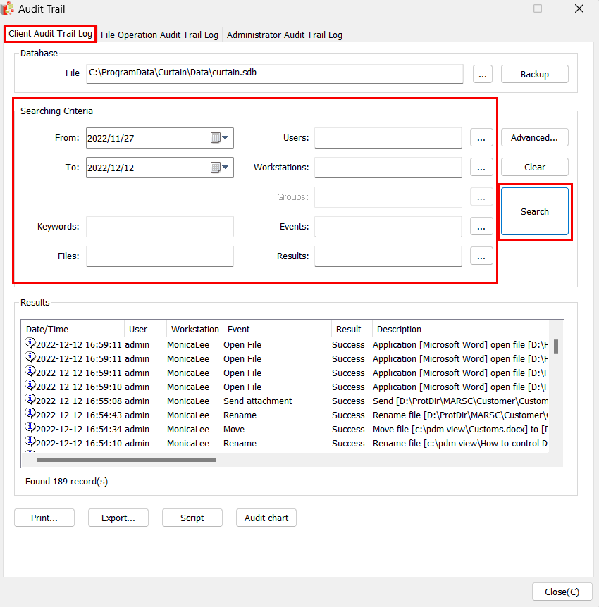 e-locker data loss prevention(DLP) - Client Audit Trail Log