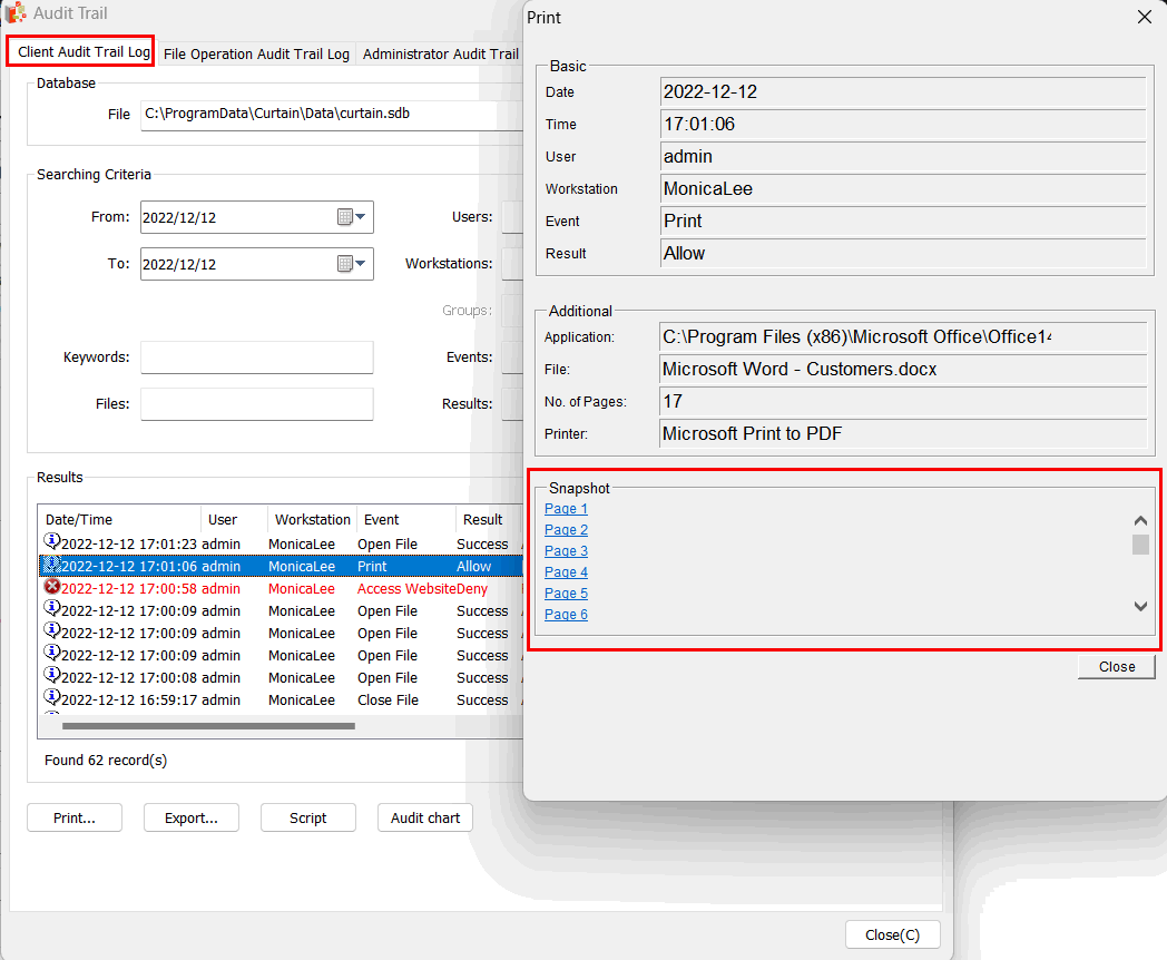 e-locker data loss prevention(DLP) - Snapshot for Printouts