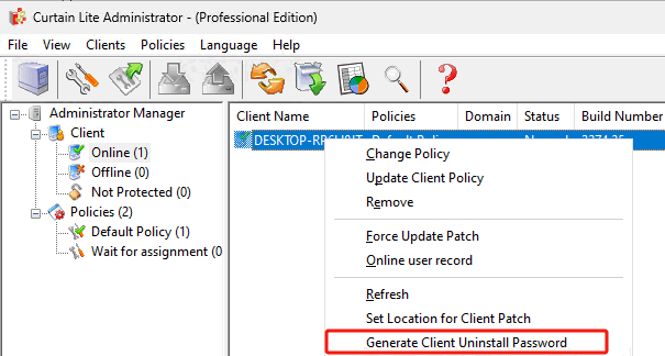 e-locker data loss prevention (DLP) - Generate Client Uninstall Password