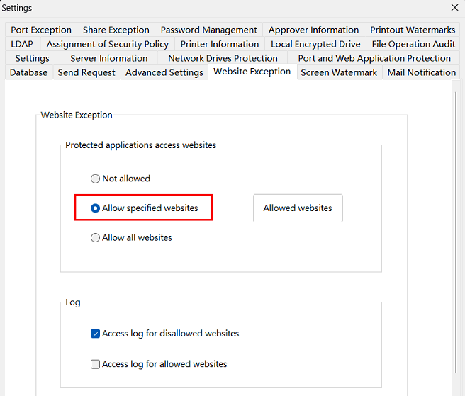 e-locker data loss prevention(DLP) - Allow specified websites