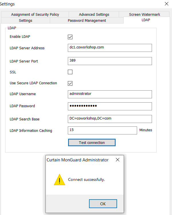 e-locker data loss prevention (DLP) - Test connection